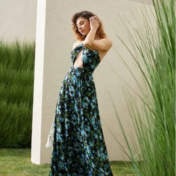 MULTICOLOR PLANTS PATTERN CUR OUT HALTER MAXI DRESS - Picture 1 of 16